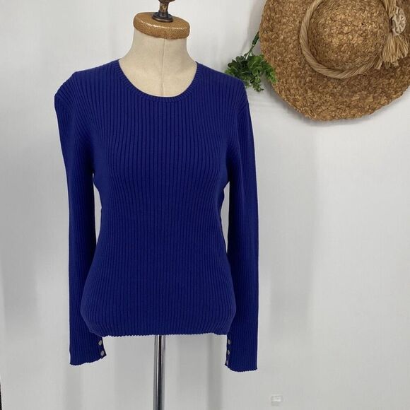 Ralph Lauren Womens Snap Button Long Sleeve Cotton Cable Knit Sweater Blue Large - Picture 2 of 12